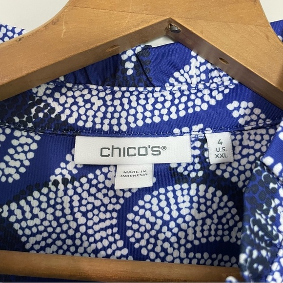 [Chico's] Women's Blue & White Dotted Floral Print Quarter Zip Popover Top - Picture 4 of 8